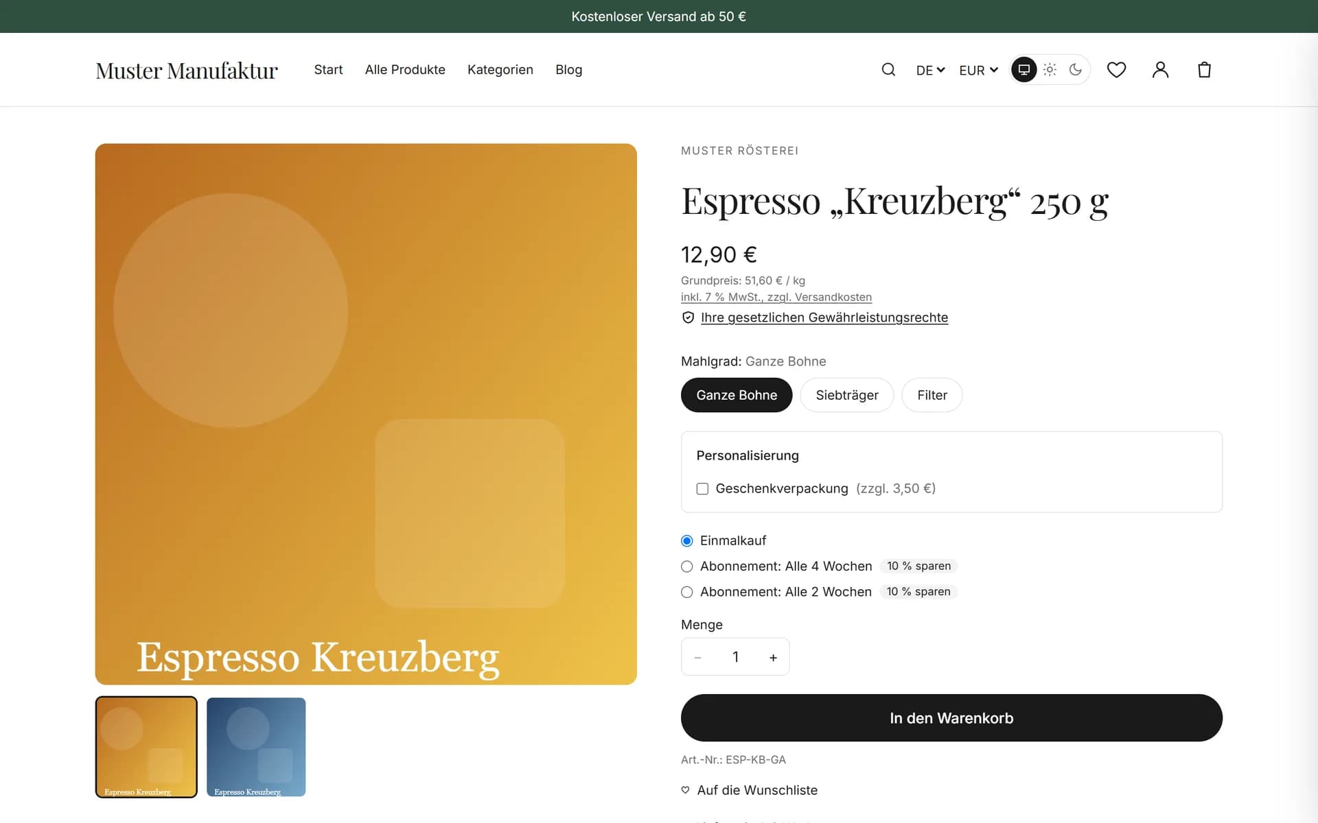 Product page of a Plazello store with variants, subscription option and unit price